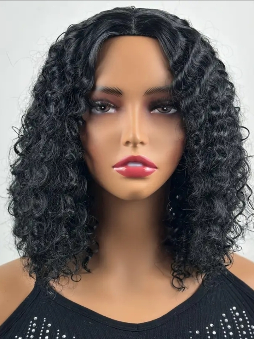 16 Inch Black Curly Wave Middle-Part High Temperature Hair Wig With Rose Net Cap